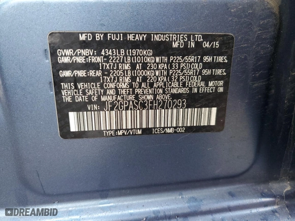 2015 Subaru XV Crosstrek Limited with VIN JF2GPASC3FH270293, listed as a Copart auction lot 71090512 with 141,140 mi miles. Bid and sale history available at carsss.com. Image 12.