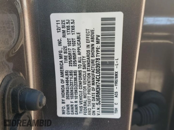 2012 Honda CR-V EX-L with VIN 5J6RM3H74CL003978, listed as a Copart auction lot 49239565 with 36,316 mi miles and Salvage Title. Bid and sale history available at carsss.com. Image 14.