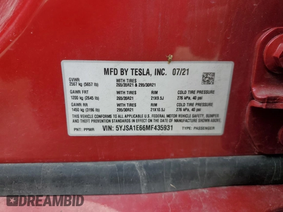 2021 Tesla Model S Plaid with VIN 5YJSA1E66MF435931, listed as a Copart auction lot 45583255 with 41,925 mi miles and Salvage Title. Bid and sale history available at carsss.com. Image 12.
