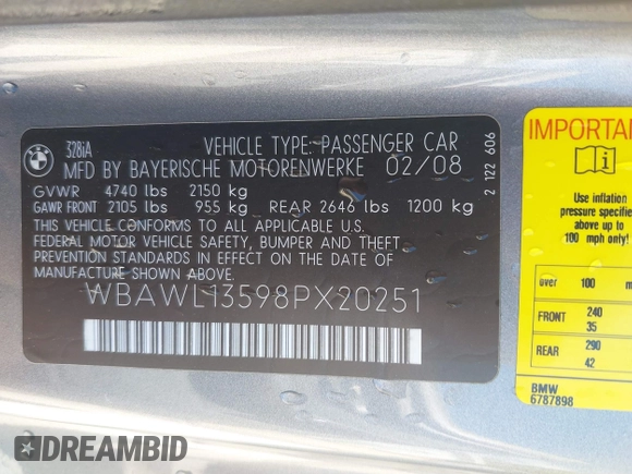 2008 BMW 3 Series 328i with VIN WBAWL13598PX20251, listed as a IAAI auction lot 42152184 with 130,908 mi miles and . Bid and sale history available at DreamBid. Image 9.