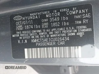 2012 Hyundai Accent GS with VIN KMHCT5AE1CU026434, listed as a IAAI auction lot 42508282 with 181,675 mi miles and . Bid and sale history available at DreamBid. Image 9.