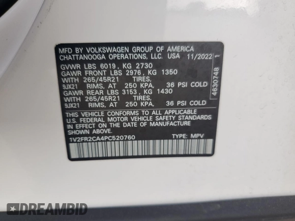 2023 Volkswagen Atlas SEL Premium R-Line with VIN 1V2FR2CA4PC520760, listed as a Copart auction lot 71956294 with 31,164 mi miles and Salvage title. Bid and sale history available at DreamBid. Image 13.