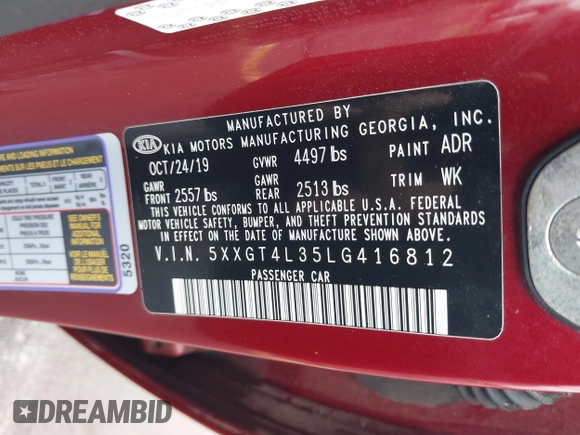 2020 Kia Optima LX with VIN 5XXGT4L35LG416812, listed as a IAAI auction lot 41904764 with 146,381 mi miles and . Bid and sale history available at carsss.com. Image 9.
