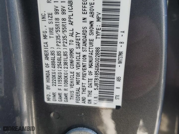 2008 Acura RDX Tech Pkg with VIN 5J8TB18548A002886, listed as a Copart auction lot 43632025 with 59,960 mi miles and Clean Title. Bid and sale history available at carsss.com. Image 13.