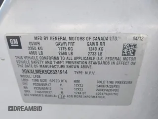 2012 GMC Terrain SLE-1 with VIN 2GKALMEK5C6331914, listed as a IAAI auction lot 41826053 with 147,911 mi miles and . Bid and sale history available at carsss.com. Image 9.