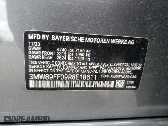 2024 BMW 3 Series 330i xDrive with VIN 3MW89FF09R8E18611, listed as a Copart auction lot 56740085 with 12,140 mi miles and Salvage title. Bid and sale history available at DreamBid. Image 12.