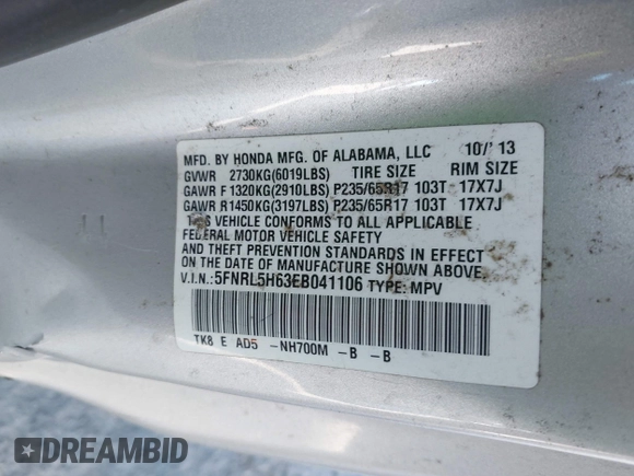 2014 Honda Odyssey EX-L with VIN 5FNRL5H63EB041106, listed as a IAAI auction lot 42294113 with 122,610 mi miles and . Bid and sale history available at DreamBid. Image 9.