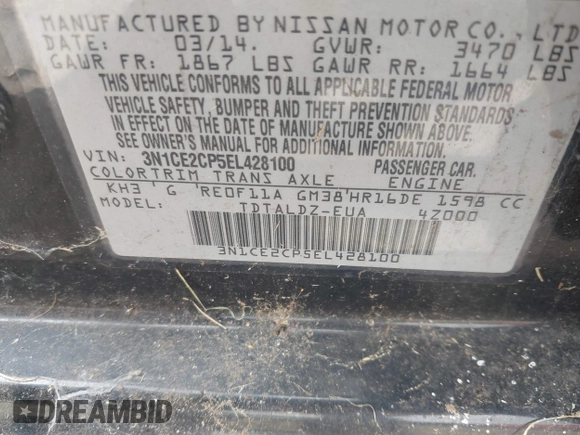 2014 Nissan Note S with VIN 3N1CE2CP5EL428100, listed as a IAAI auction lot 42679930 with 120,617 mi miles and . Bid and sale history available at DreamBid. Image 9.