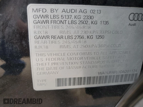 2013 Audi allroad Premium Plus with VIN WA1UFAFL0DA201124, listed as a Copart auction lot 72444714 with 134,121 mi miles and Salvage Title. Bid and sale history available at carsss.com. Image 12.