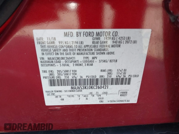 2019 Ford EcoSport Titanium z VIN MAJ6S3KL0KC260421, wystawiony jako IAAI lot #42041011 z przebiegiem 94 839 mil mil oraz . Historia ofert i sprzedaży dostępna na DreamBid. Obrazek 9.