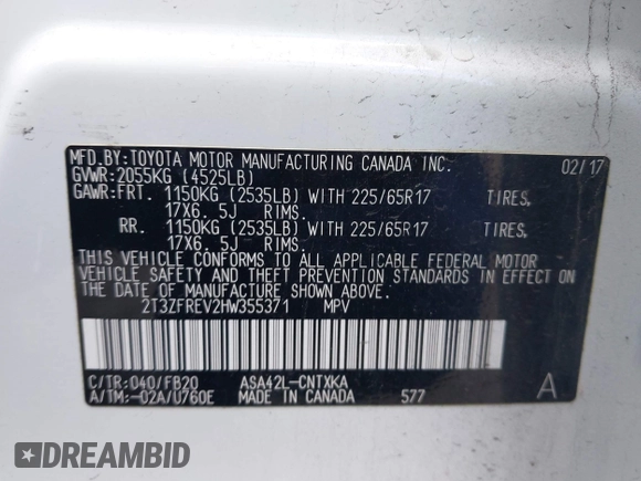 2017 Toyota RAV4 LE z VIN 2T3ZFREV2HW355371, wystawiony jako IAAI lot #42246996 z przebiegiem Nie podano mil oraz . Historia ofert i sprzedaży dostępna na DreamBid. Obrazek 9.