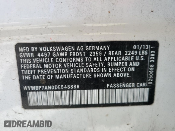 2013 Volkswagen CC R-Line with VIN WVWBP7AN0DE548886, listed as a Copart auction lot 69289534 with 162,212 mi miles and Non Repairable. Bid and sale history available at carsss.com. Image 13.