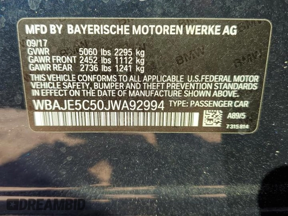 2018 BMW 5 Series 540i with VIN WBAJE5C50JWA92994, listed as a Copart auction lot 45681385 with 63,521 mi miles and Salvage Title. Bid and sale history available at carsss.com. Image 12.