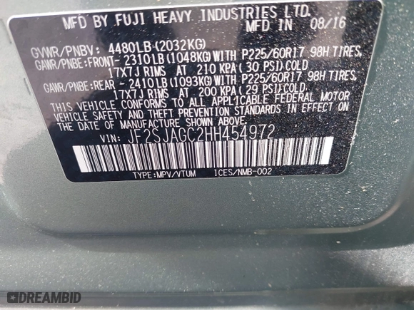 2017 Subaru Forester Premium with VIN JF2SJAGC2HH454972, listed as a IAAI auction lot 41962451 with 34,476 mi miles. Bid and sale history available at carsss.com. Image 9.