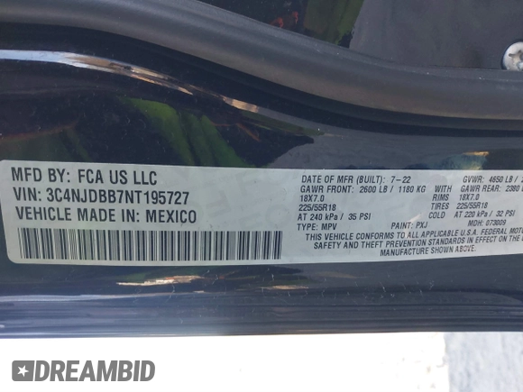 2022 Jeep Compass Latitude with VIN 3C4NJDBB7NT195727, listed as a IAAI auction lot 41693643 with 33,413 mi miles and . Bid and sale history available at DreamBid. Image 9.