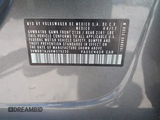 2017 Volkswagen Jetta SE with VIN 3VWDB7AJ0HM379230, listed as a IAAI auction lot 42788330 with 116,330 mi miles and . Bid and sale history available at DreamBid. Image 9.