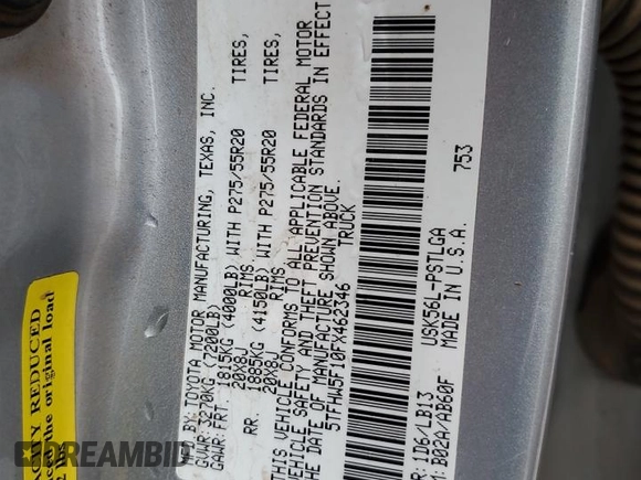 2015 Toyota Tundra Limited with VIN 5TFHW5F10FX462346, listed as a Copart auction lot 58624145 with Not provided miles and Salvage title. Bid and sale history available at DreamBid. Image 12.