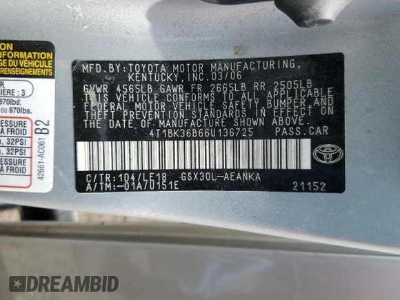 2006 Toyota Avalon XL with VIN 4T1BK36B66U136725, listed as a Copart auction lot 55428435 with 225,016 mi miles and Salvage Title. Bid and sale history available at DreamBid. Image 12.