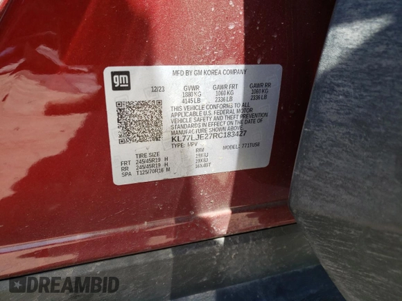 2024 Chevrolet Trax 2RS with VIN KL77LJE27RC183427, listed as a Copart auction lot 52388095 with 36,608 mi miles and Salvage Title. Bid and sale history available at DreamBid. Image 14.