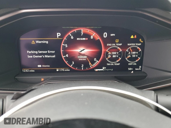 2024 Nissan Z Nismo with VIN JN1BZ4CH0RM367514, listed as a Copart auction lot 52297105 with 1,232 mi miles and Salvage Title. Bid and sale history available at DreamBid. Image 9.