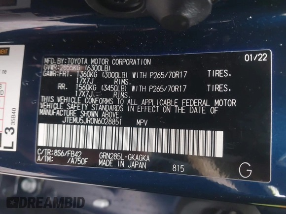 2022 Toyota 4Runner SR5 with VIN JTEMU5JR0N6028851, listed as a IAAI auction lot 41972880 with 38,484 mi miles and . Bid and sale history available at DreamBid. Image 9.