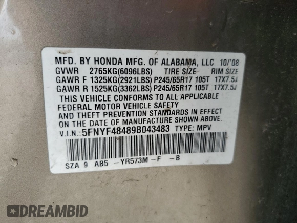 2009 Honda Pilot EX with VIN 5FNYF48489B043483, listed as a Copart auction lot 46344755 with 178,833 mi miles and Salvage Title. Bid and sale history available at DreamBid. Image 15.