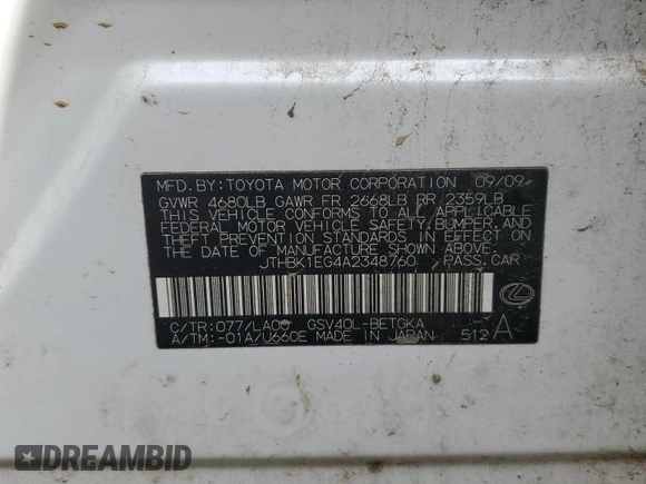2010 Lexus ES 330 with VIN JTHBK1EG4A2348760, listed as a Copart auction lot 51177095 with 233,588 mi miles and Salvage Title. Bid and sale history available at DreamBid. Image 15.