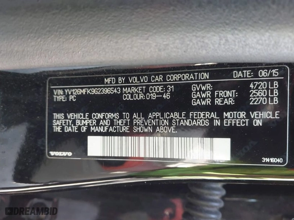 2016 Volvo S60 T5 Drive-E Premier with VIN YV126MFK9G2396543, listed as a IAAI auction lot 41912700 with 226,226 mi miles. Bid and sale history available at carsss.com. Image 9.