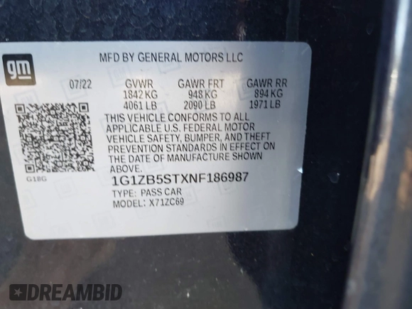 2022 Chevrolet Malibu LS with VIN 1G1ZB5STXNF186987, listed as a IAAI auction lot 41556551 with 28,569 mi miles and . Bid and sale history available at DreamBid. Image 9.