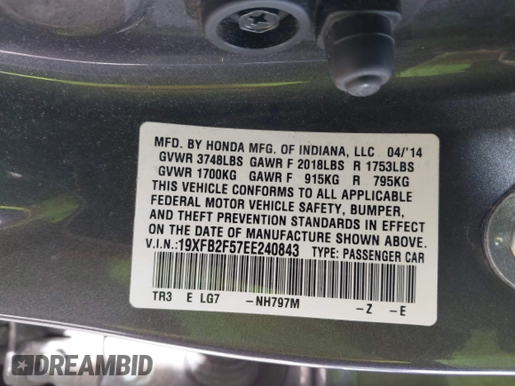 2014 Honda Civic LX with VIN 19XFB2F57EE240843, listed as a IAAI auction lot 42108281 with 255,157 mi miles and . Bid and sale history available at carsss.com. Image 9.