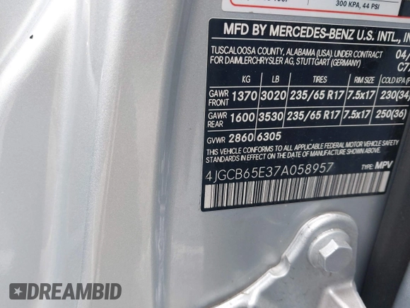 2007 Mercedes-Benz R 3.5L with VIN 4JGCB65E37A058957, listed as a IAAI auction lot 42259937 with 107,245 mi miles and . Bid and sale history available at DreamBid. Image 9.