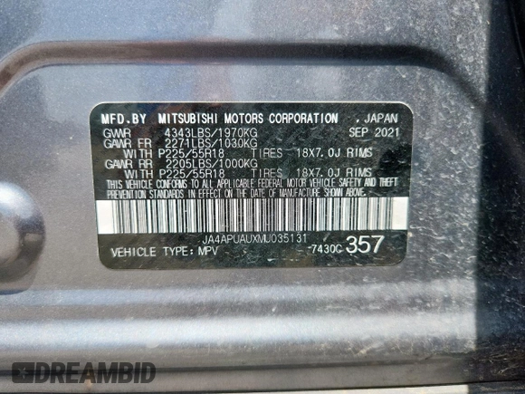 2021 Mitsubishi Outlander ES with VIN JA4APUAUXMU035131, listed as a Copart auction lot 64799845 with Not provided miles and Clean title. Bid and sale history available at DreamBid. Image 14.
