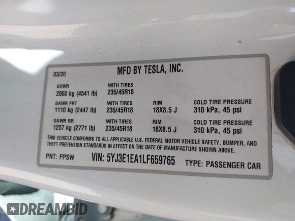 2020 Tesla Model 3 Standard Range Plus with VIN 5YJ3E1EA1LF659765, listed as a IAAI auction lot 41834411 with 42,433 mi miles and . Bid and sale history available at carsss.com. Image 9.