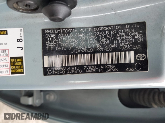 2015 Toyota Prius Four with VIN JTDKN3DU0F1920450, listed as a Copart auction lot 49461115 with 216,555 mi miles and Salvage Title. Bid and sale history available at DreamBid. Image 14.