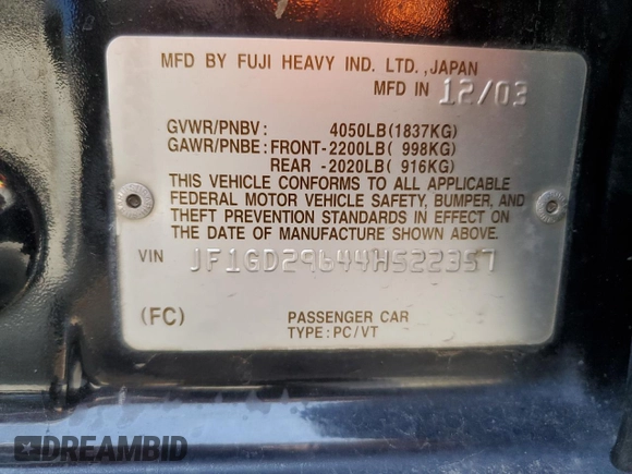 2004 Subaru Impreza WRX z VIN JF1GD29644H522357, wystawiony jako Copart lot #52752265 z przebiegiem 205 039 mil mil oraz Szkoda całkowita • Salvage title. Historia ofert i sprzedaży dostępna na DreamBid. Obrazek 14.