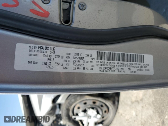 2015 Dodge Journey American Value with VIN 3C4PDCABXFT712192, listed as a Copart auction lot 55680975 with 104,579 mi miles and Salvage Title. Bid and sale history available at DreamBid. Image 13.