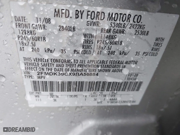 2009 Ford Edge Limited with VIN 2FMDK39CX9BA56884, listed as a IAAI auction lot 41608467 with 1 mi miles. Bid and sale history available at carsss.com. Image 9.
