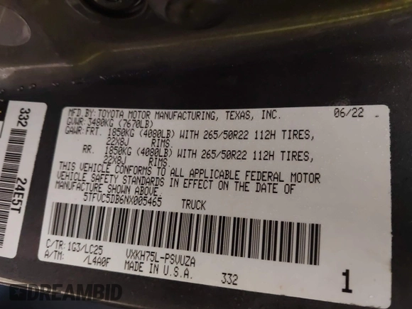 2022 Toyota Tundra Capstone Hybrid with VIN 5TFVC5DB6NX005465, listed as a IAAI auction lot 41589222 with 28,452 mi miles and . Bid and sale history available at DreamBid. Image 9.