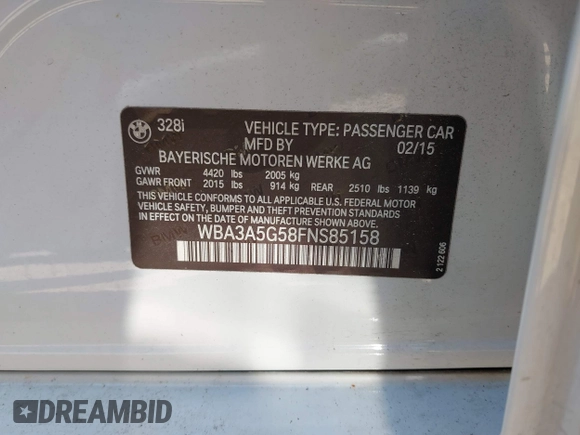 2015 BMW 3 Series 328i with VIN WBA3A5G58FNS85158, listed as a IAAI auction lot 42575352 with 153,277 mi miles and . Bid and sale history available at DreamBid. Image 9.