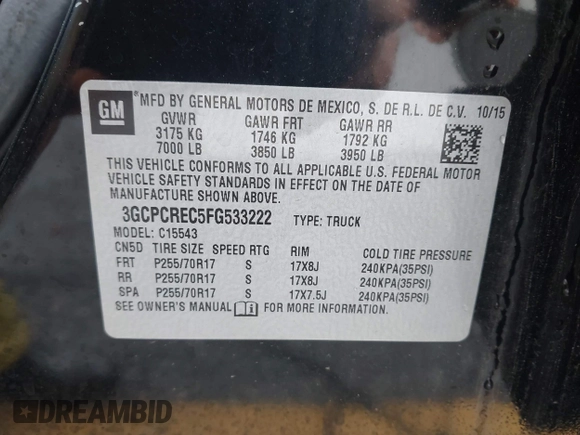 2015 Chevrolet Silverado 1500 LT with VIN 3GCPCREC5FG533222, listed as a IAAI auction lot 41912623 with 201,613 mi miles and . Bid and sale history available at DreamBid. Image 9.
