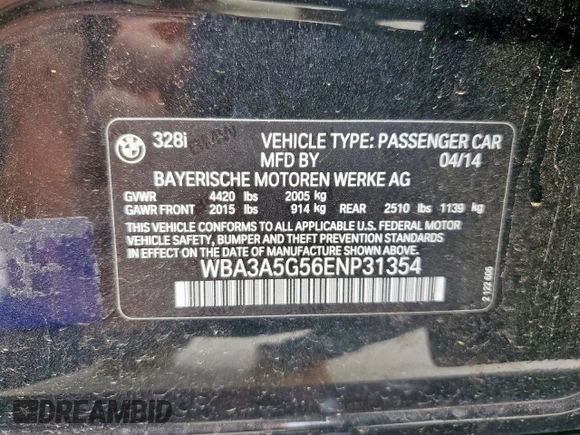 2014 BMW 3 Series 328i with VIN WBA3A5G56ENP31354, listed as a Copart auction lot 54749045 with 103,571 mi miles and Clean title. Bid and sale history available at DreamBid. Image 12.
