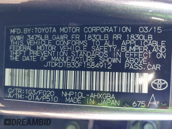 2015 Toyota Prius One with VIN JTDKDTB30F1584912, listed as a IAAI auction lot 41390815 with 81,275 mi miles and . Bid and sale history available at carsss.com. Image 9.