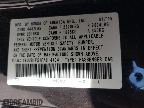 2015 Acura TLX Tech with VIN 19UUB1F51FA014434, listed as a IAAI auction lot 40791595 with 104,757 mi miles. Bid and sale history available at carsss.com. Image 9.