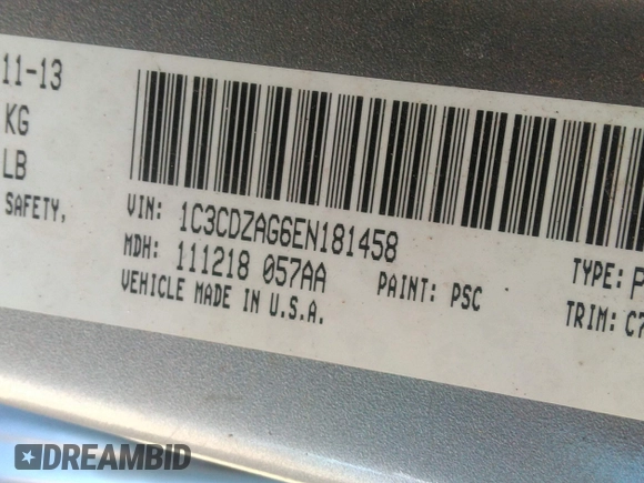 2014 Dodge Avenger SE with VIN 1C3CDZAG6EN181458, listed as a IAAI auction lot 41768889 with 181,416 mi miles and . Bid and sale history available at DreamBid. Image 9.