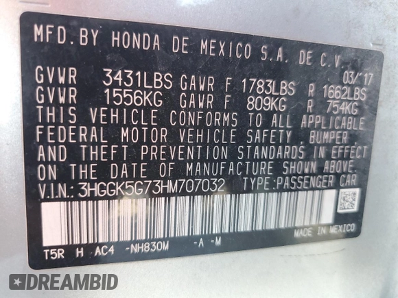2017 Honda Fit EX with VIN 3HGGK5G73HM707032, listed as a Copart auction lot 58048025 with 68,504 mi miles and Salvage title. Bid and sale history available at DreamBid. Image 13.