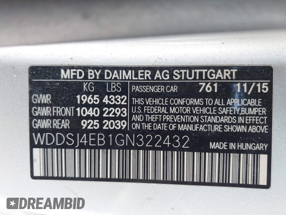 2016 Mercedes-Benz CLA 250 with VIN WDDSJ4EB1GN322432, listed as a IAAI auction lot 42103310 with 100,237 mi miles and . Bid and sale history available at DreamBid. Image 9.
