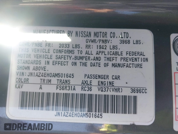 2010 Nissan 370Z with VIN JN1AZ4EH0AM501645, listed as a IAAI auction lot 41653013 with Not Provided miles. Bid and sale history available at carsss.com. Image 9.