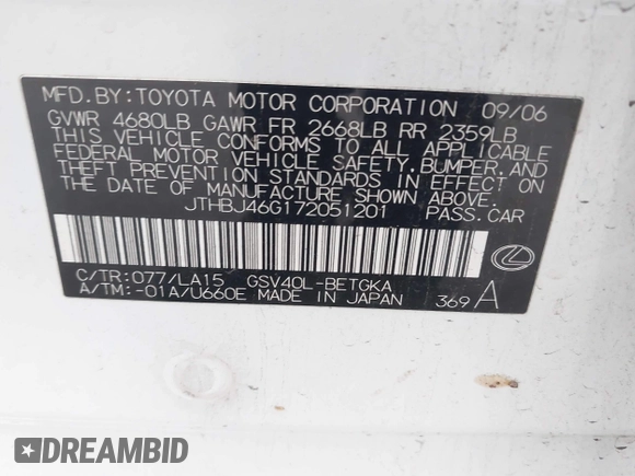 2007 Lexus ES 330 with VIN JTHBJ46G172051201, listed as a IAAI auction lot 42168072 with 245,451 mi miles and . Bid and sale history available at DreamBid. Image 9.
