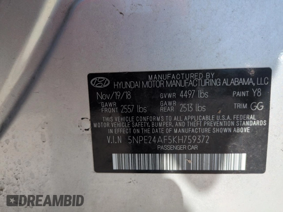 2019 Hyundai Sonata SE z VIN 5NPE24AF5KH759372, wystawiony jako Copart lot #58020925 z przebiegiem 61 363 mil mil oraz Szkoda całkowita • Salvage title. Historia ofert i sprzedaży dostępna na DreamBid. Obrazek 12.