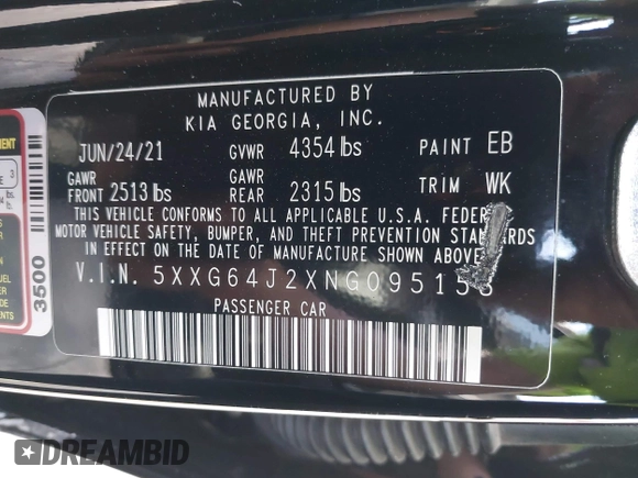 2022 Kia K5 GT-Line z VIN 5XXG64J2XNG095158, wystawiony jako IAAI lot #42163963 z przebiegiem 59 756 mil mil oraz . Historia ofert i sprzedaży dostępna na DreamBid. Obrazek 9.